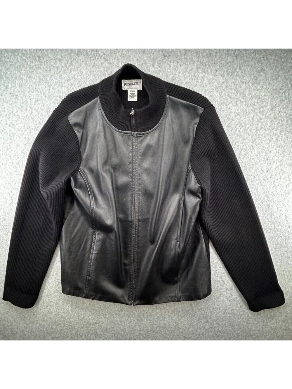 Vintage Pendleton Womens Leather & Merino Wool Jacket Size L Black Zip Front
